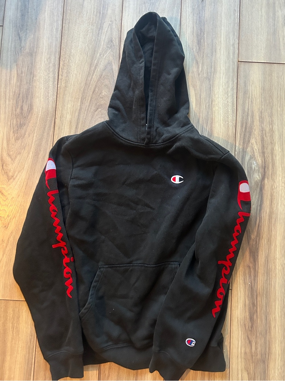 Champion Black Hoodie with Red Sleeve Script
